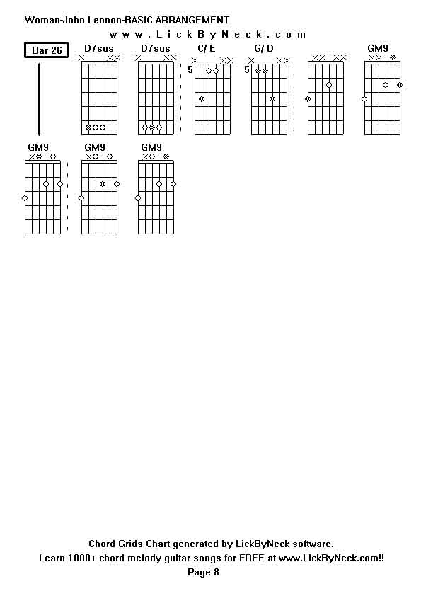 Chord Grids Chart of chord melody fingerstyle guitar song-Woman-John Lennon-BASIC ARRANGEMENT,generated by LickByNeck software.